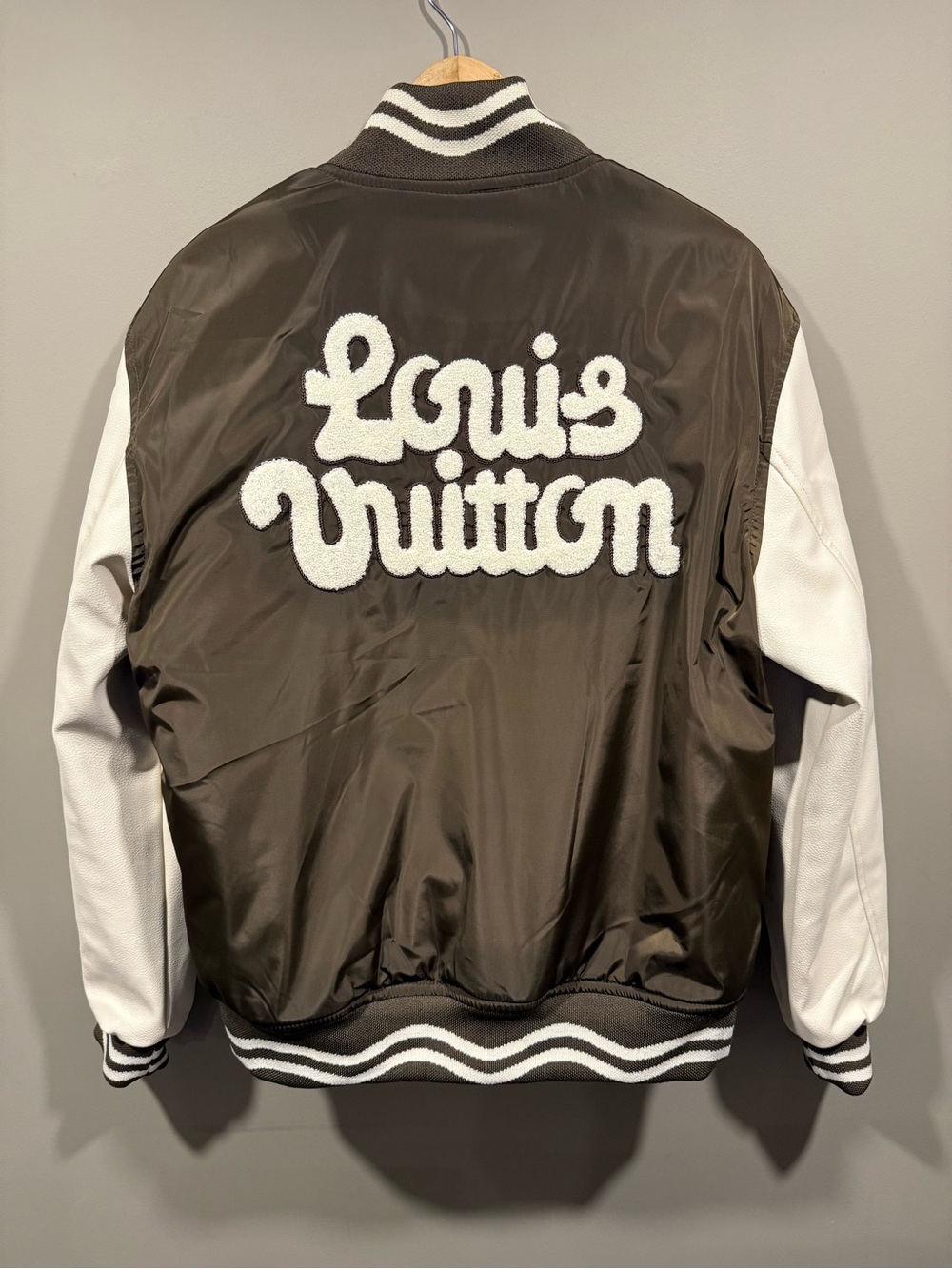 LV style designer Men's Brown and White leather Varsity Jacket - Picture 13 of 15